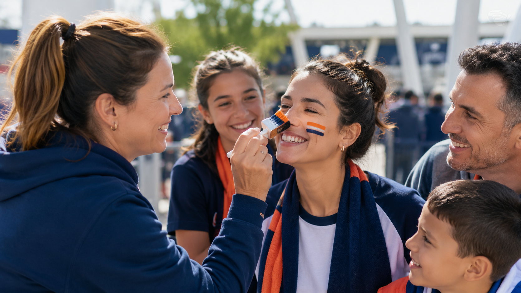 Supporters applying FANBRUSH team-colour face paint before a game