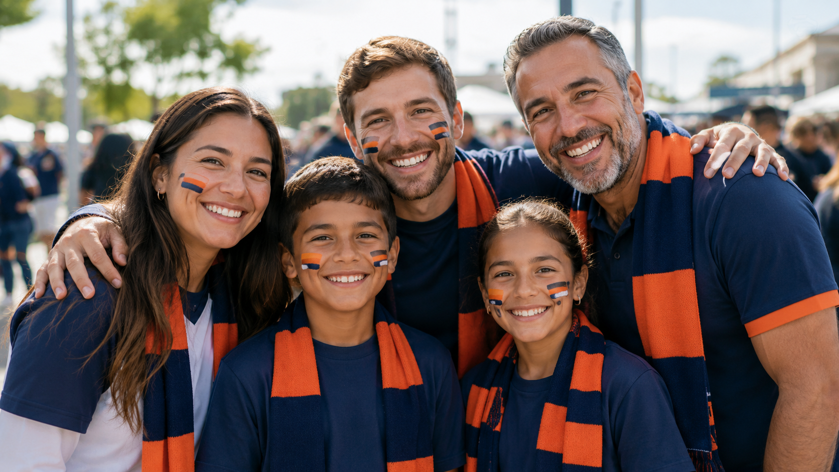 Family and supporters showing matching team colours and cheek stripes at an event