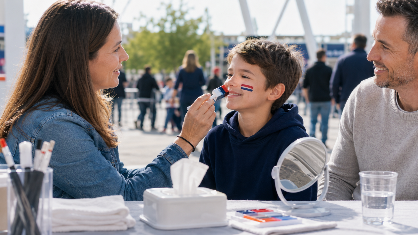 Clean and organised FANBRUSH face-paint application station with wipes and mirror
