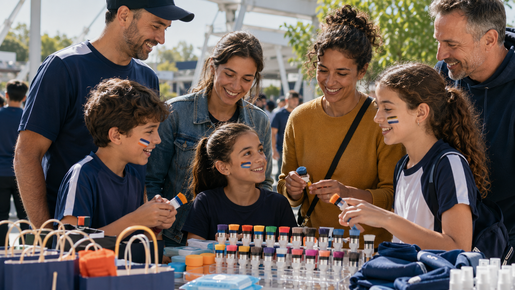 Families and club members choosing colourful FANBRUSH applicators for a group event