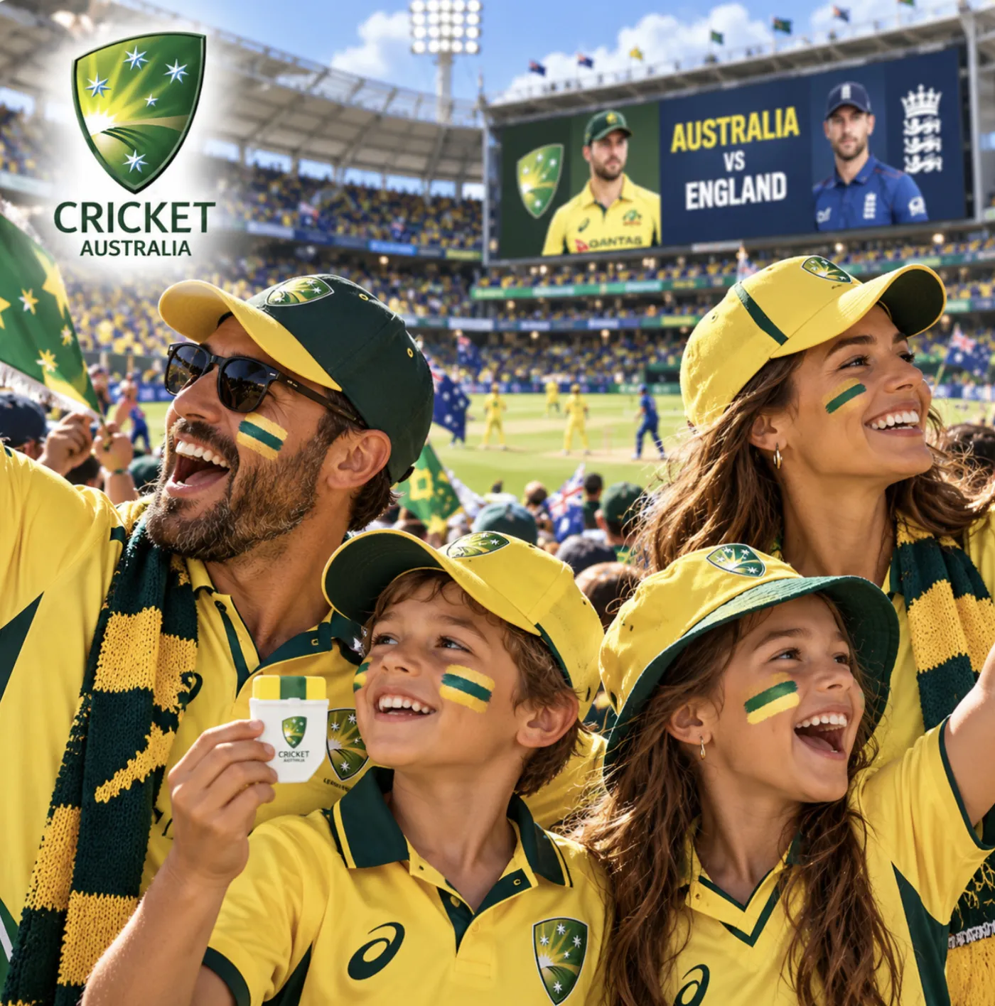Australian cricket fans cheering in FANBRUSH® green and gold face paint
