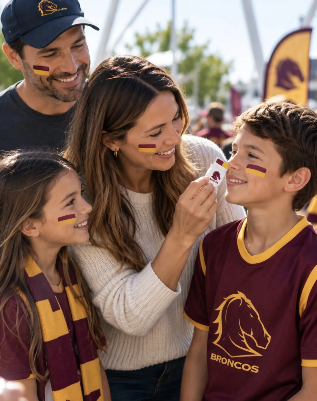 FANBRUSH® Brisbane Broncos face paint stick applied cleanly to a young fan