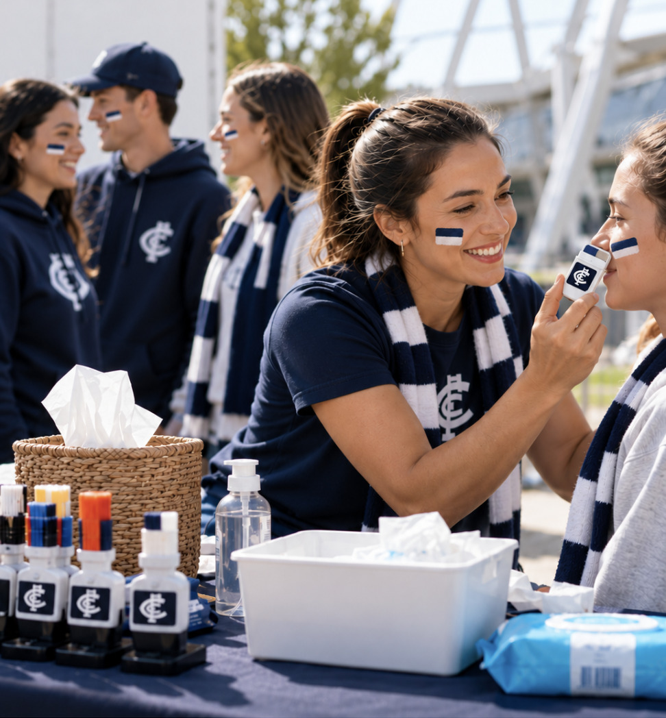 FANBRUSH® Carlton face paint colour station at a sporting event