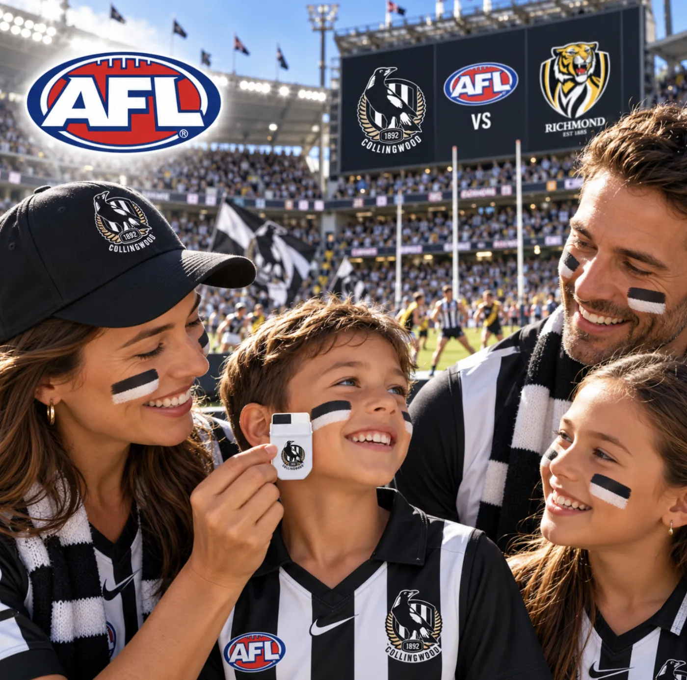 Collingwood fans wearing FANBRUSH® official AFL black and white face paint at the footy