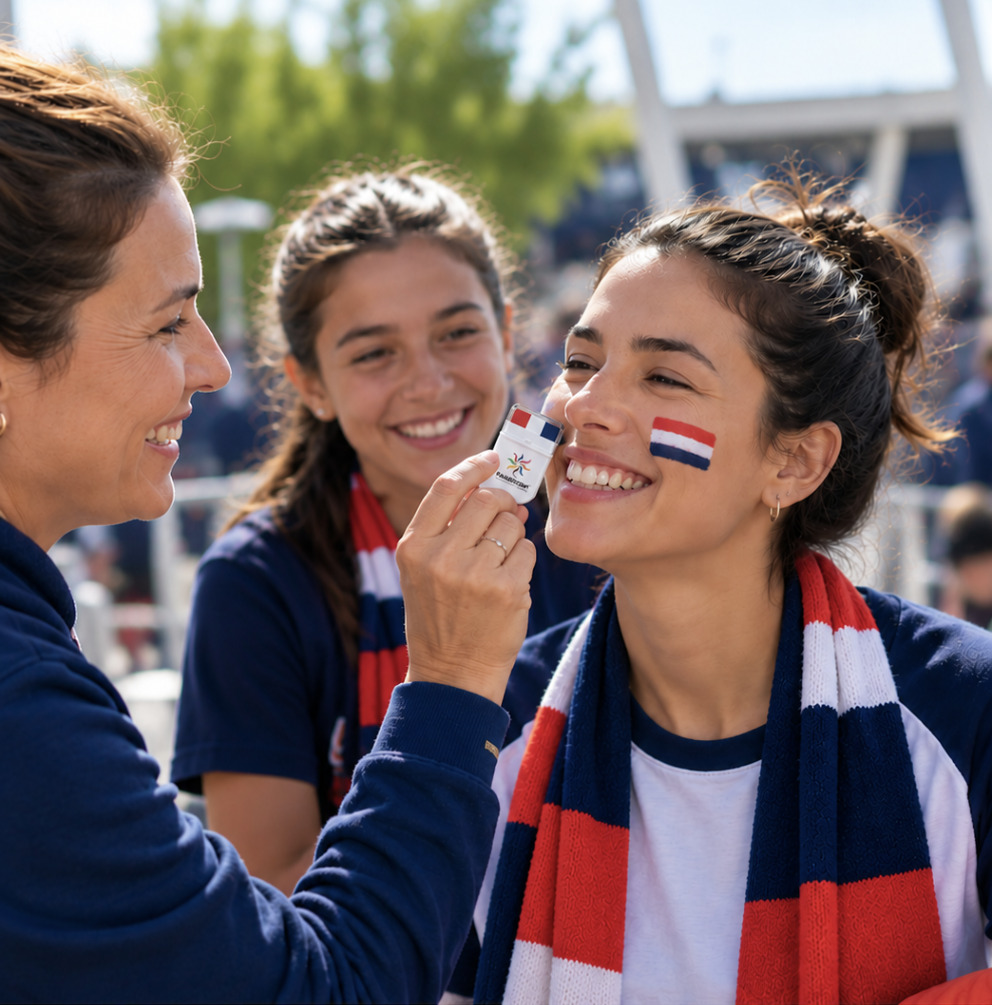 FANBRUSH® face paint stick applying team colours to a fan on game day