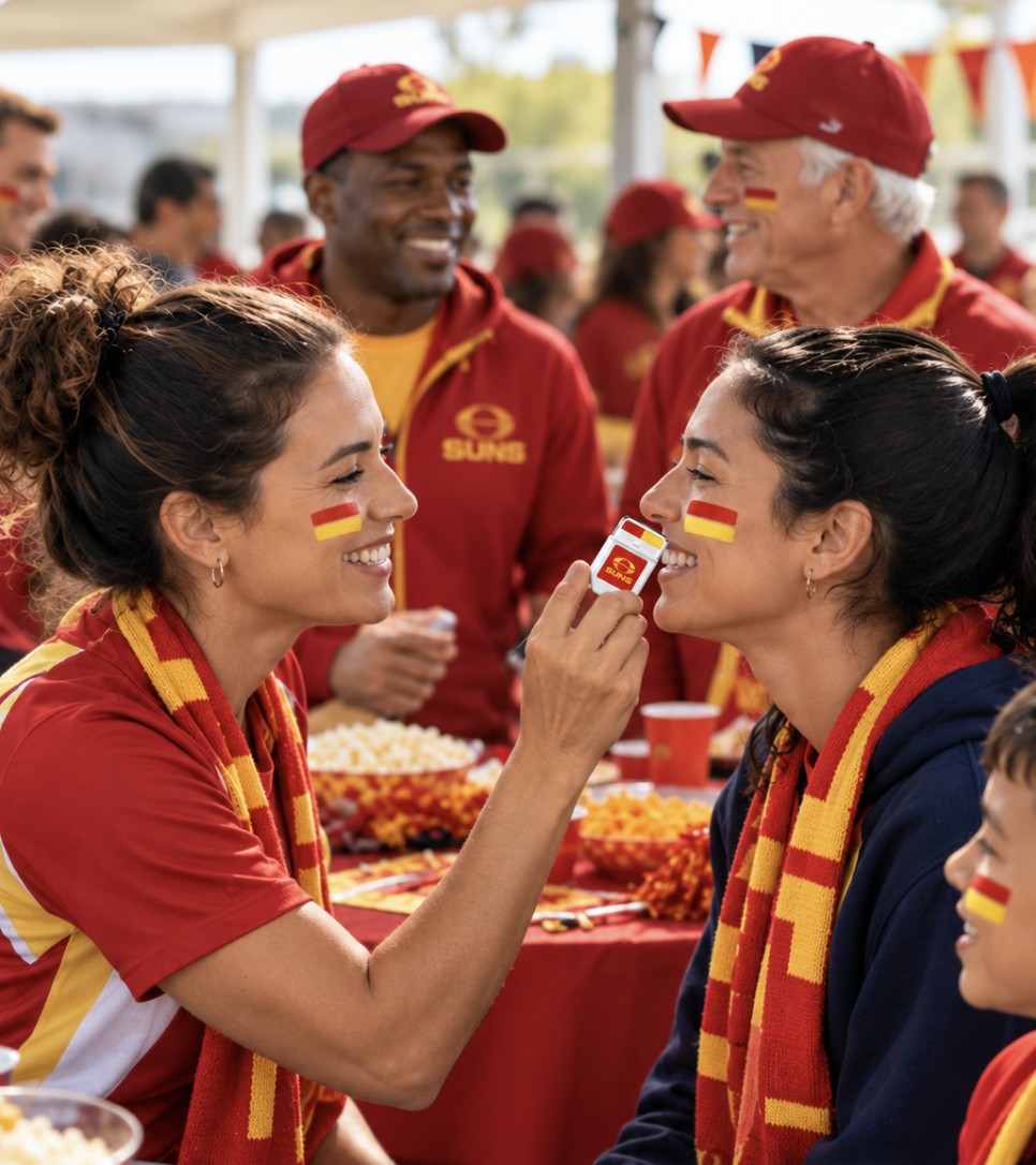 FANBRUSH® Gold Coast Suns face paint stick being applied at a finals watch party