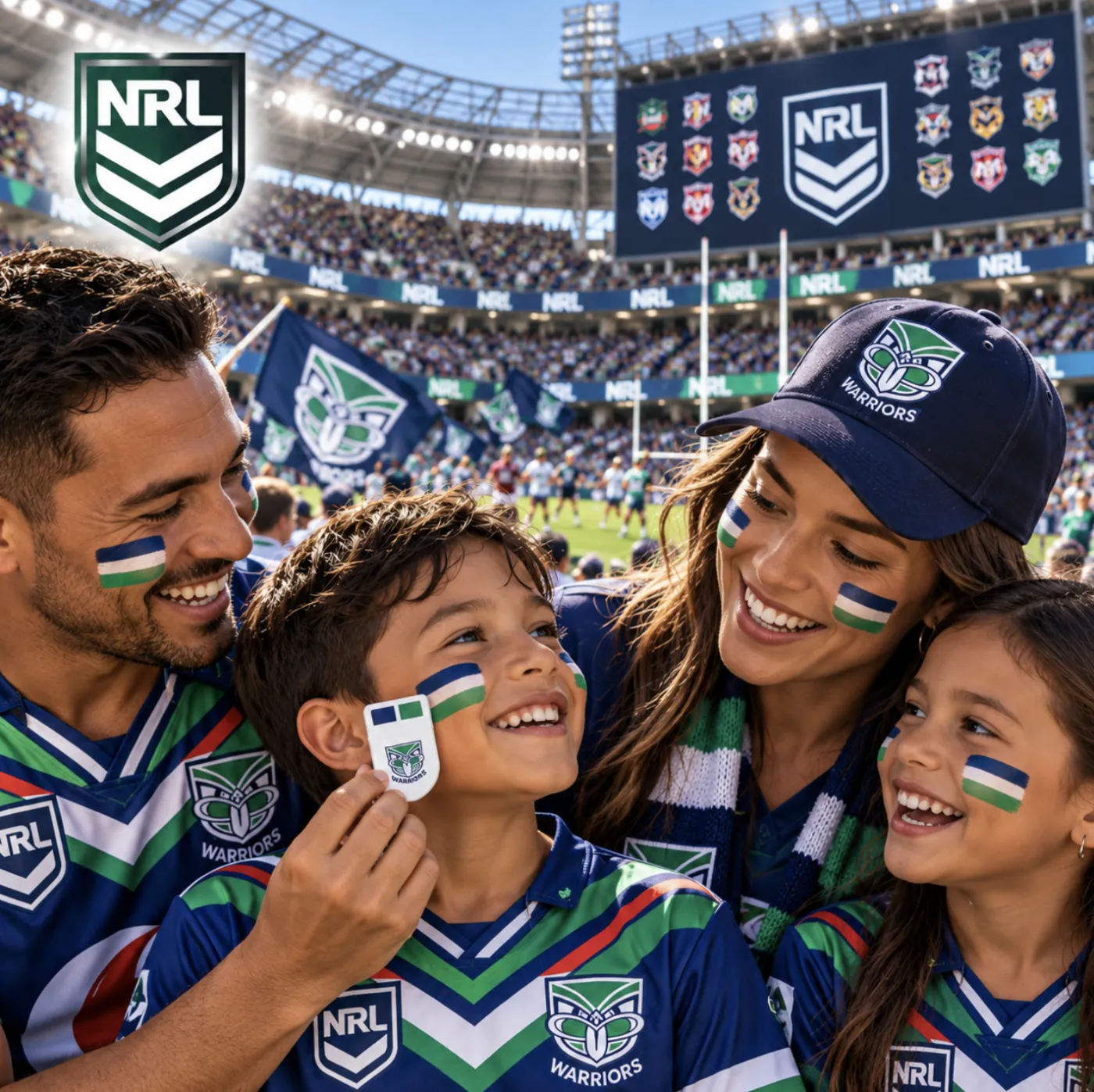 NZ Warriors fans wearing FANBRUSH® official NRL face paint at the footy
