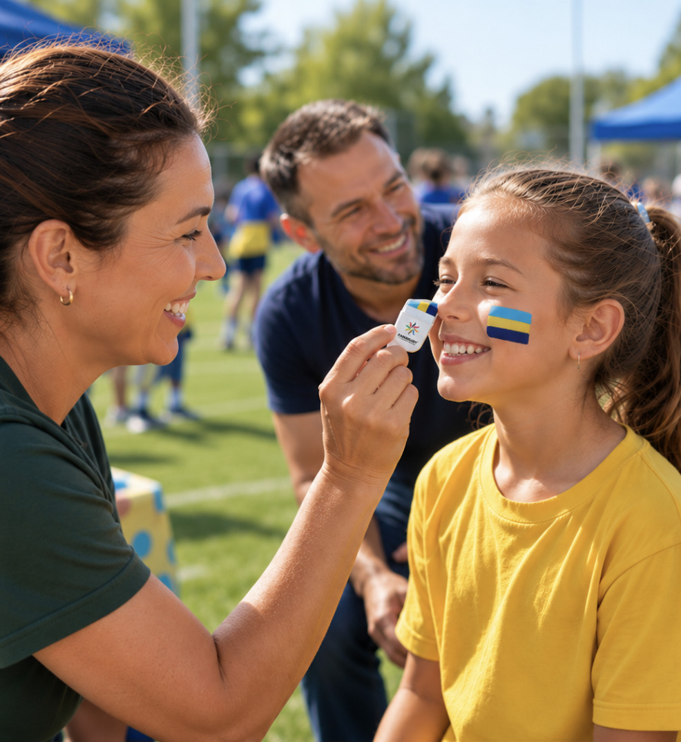 FANBRUSH® face paint stick applied to a young fan at a school sports day