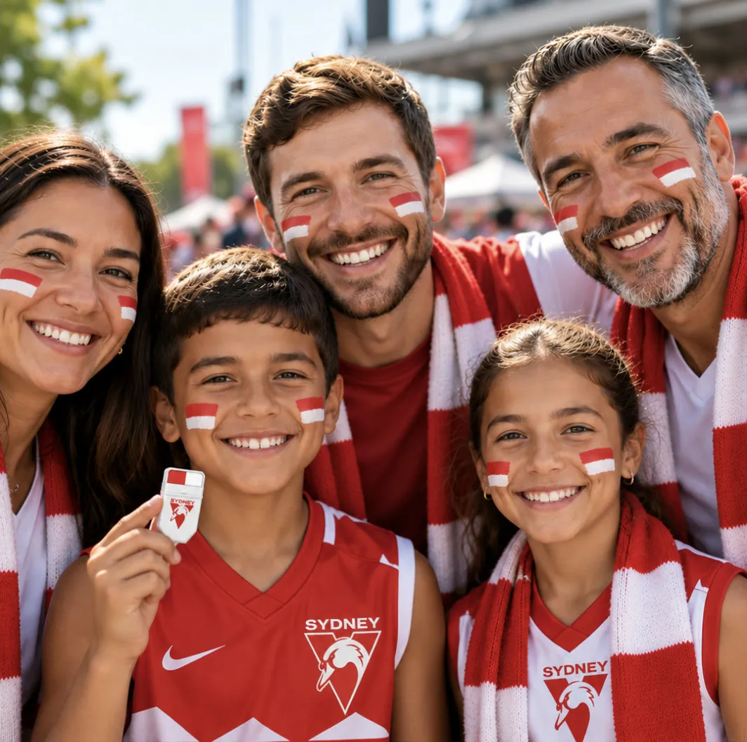 Family of Sydney Swans fans wearing FANBRUSH® red and white face paint at the footy