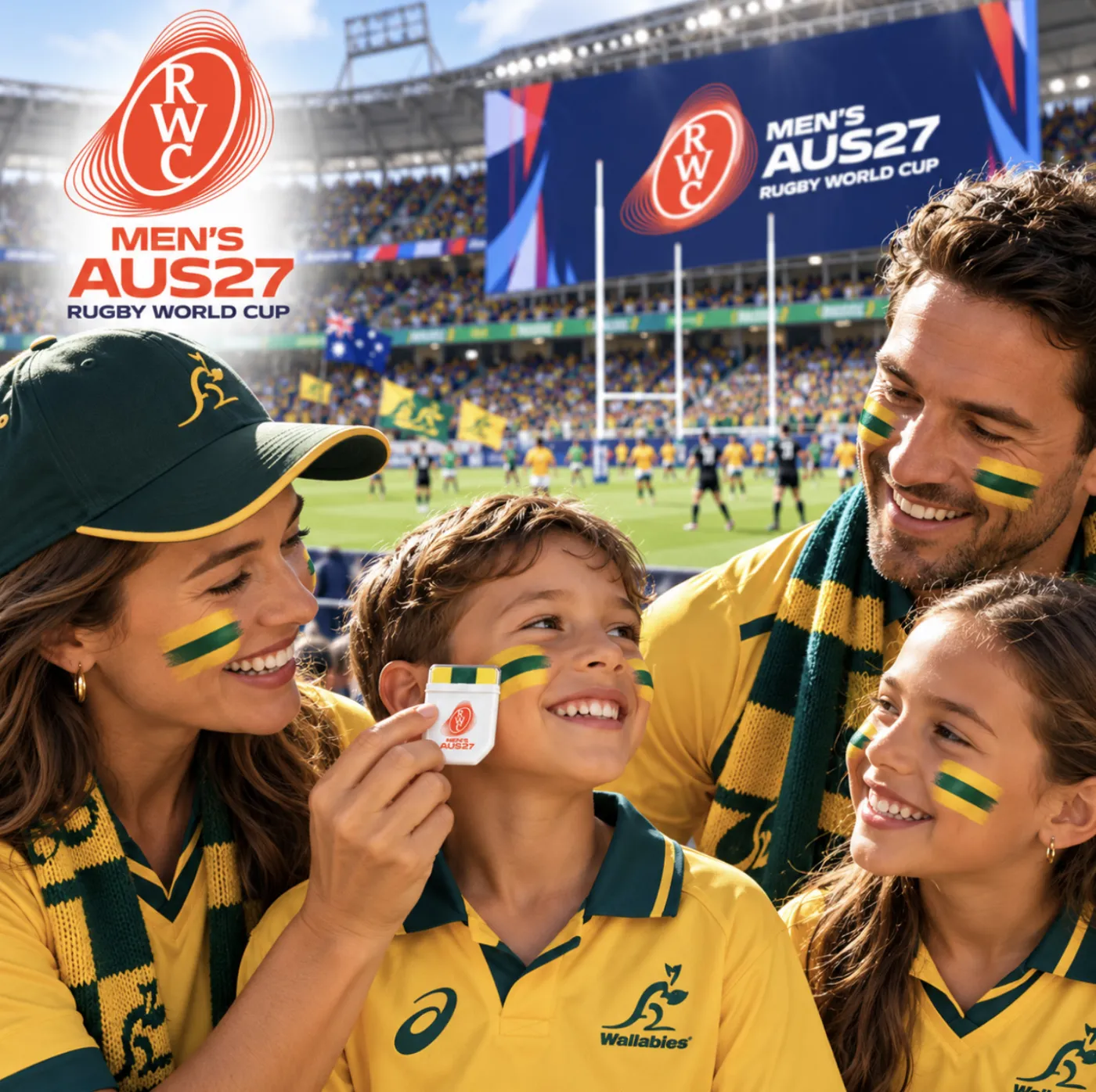 Wallabies fans wearing FANBRUSH® green and gold face paint at the Rugby World Cup