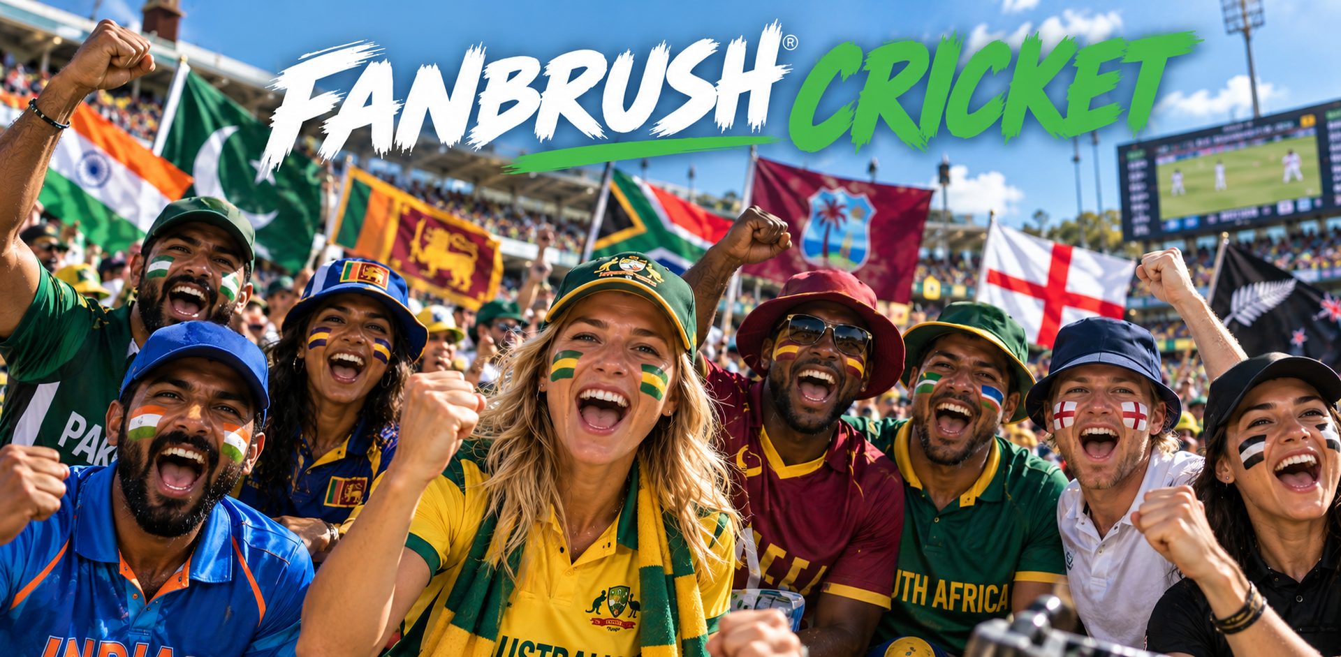 FANBRUSH Cricket banner: cricket fans wearing FANBRUSH face paint