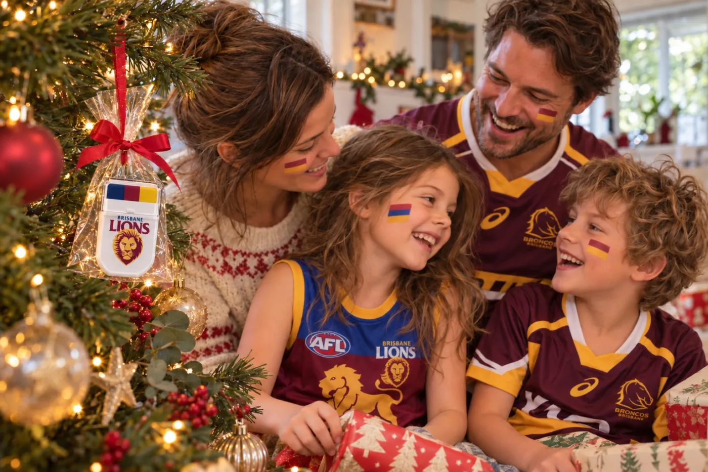 FANBRUSH® Brisbane Lions face paint stick as a Christmas gift for a footy-loving family