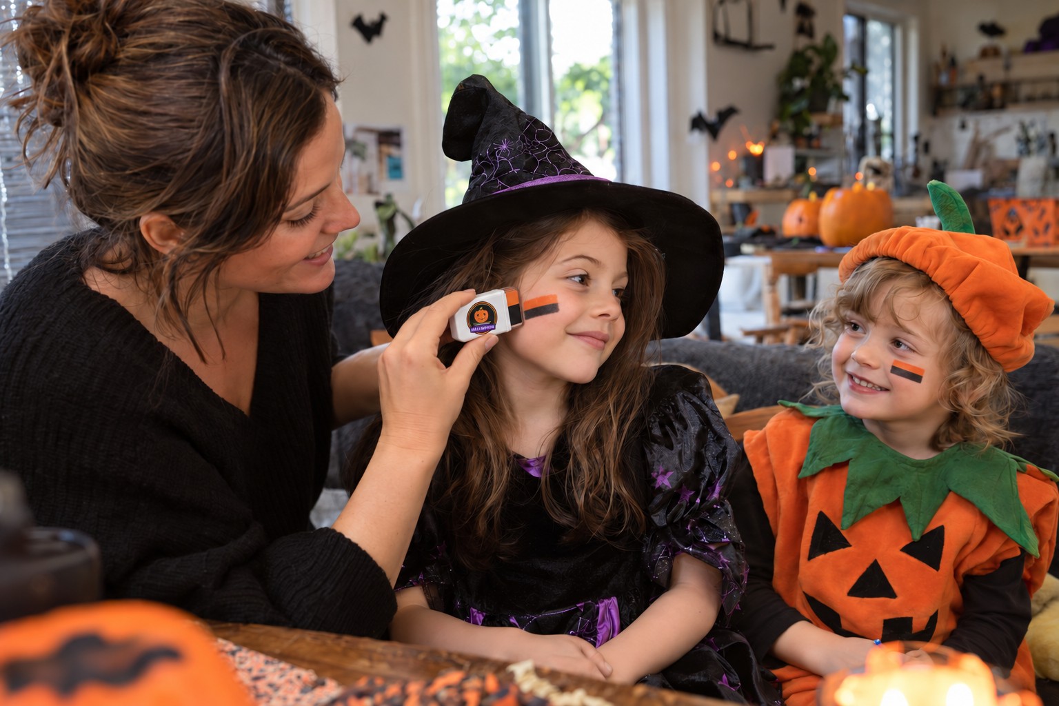 Mum applying FANBRUSH® Halloween face paint to kids in witch and pumpkin costumes